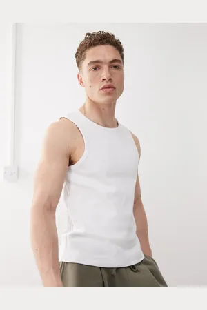 Reclaimed Camiseta blanca sin mangas con cuello de nadadora de canalé de