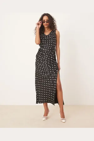 Abercrombie & Fitch Vestido largo drapeado con estampado de lunares y cuello desbocado de