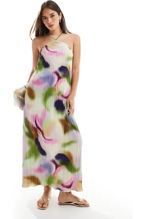 VERO MODA Vestido largo plisado con estampado de remolinos abstracto y cuello alto de -Multicolor