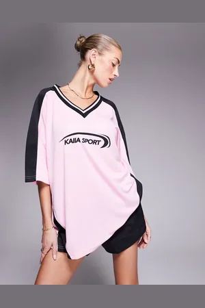 Kaiia Camiseta rosa y negra extragrande de estilo futbolero con cuello de pico de Sport