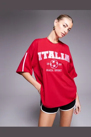 Kaiia Camiseta roja y rosa extragrande con estampado de Italia y cuello redondo de Sport