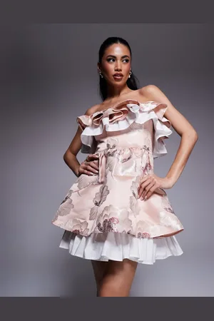 ASOS Vestido corto de corte skater con estampado floral y escote palabra de honor de jacquard con diseño plisado de popelina de