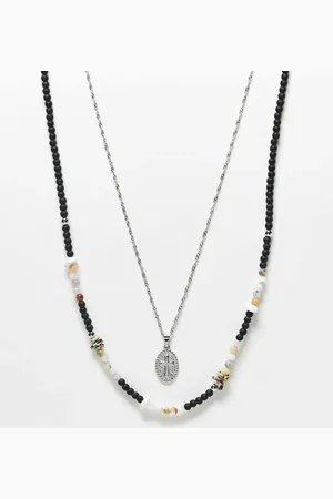 ASOS Pack de 2 collares negros y plateados de cuentas semipreciosas y colgante de moneda con cruz de acero inoxidable de