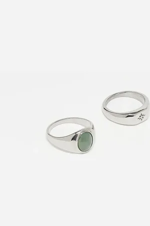 ASOS Pack de 2 anillos plateados tipo sello de acero inoxidable resistente al agua con piedra verde jade de imitación de