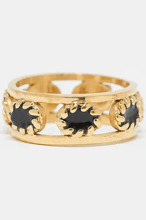 ASOS Anillo de acero inoxidable resistente al agua con detalle estilo cuerda y detalle de piedras negras estilo ágatas de