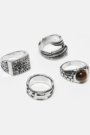 ASOS Pack de 4 anillos plateados con diseño tipo sello con piedra y pluma envolvente de