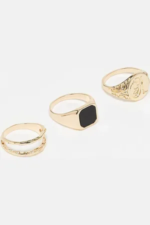 ASOS Pack de 3 anillos dorados tipo sello con piedra negra de