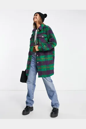 Pieces® Sobrecamisa larga a cuadros morados y verdes de tejido grueso cepillado de -Multicolor
