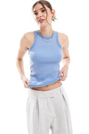JJXX Camiseta azul lavado con espalda de nadadora de canalé de