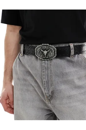 ASOS Cinturón de cuero sintético con hebilla de estilo wéstern y detalle de pespuntes de