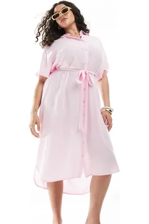 VERO MODA Vestido camisero midi rosa con cinturón anudado de