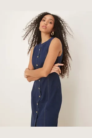 Abercrombie & Fitch Vestido vaquero midi azul sin mangas con lavado oscuro y botones de