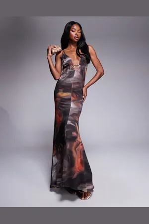 ASOS Vestido largo escotado con estampado de remolinos, tirantes dobles y detalle estilo fajín de malla de -Multicolor