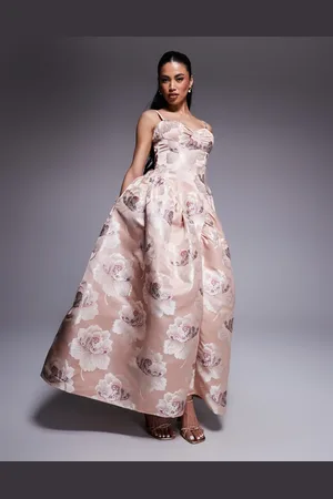 ASOS Vestido largo color champán con estampado floral y cintura baja de jacquard de -Rosa