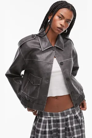 Topshop Chaqueta bomber corta negro lavado con botones y bolsillos de parche de cuero sintético de -Marrón