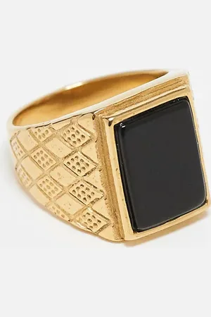 ASOS Anillo tipo sello con piedra negra de ágata de acero inoxidable resistente al agua de