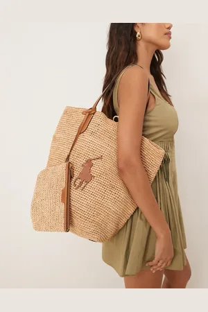 Ralph Lauren Bolso tote marrón de rafia con logo de jugador en contraste de