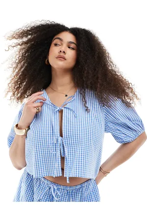 Esmée Top playero a cuadros vichy azules y blancos con mangas abullonadas y lazada delantera exclusivo de -Multicolor