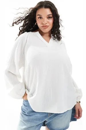 ONLY Blusa blanca con cuello de pico de bambula de -Blanco