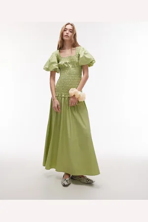 Topshop Vestido midi fruncido con escote cuadrado y mangas abullonadas de
