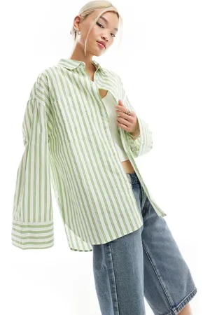 COLLUSION Camisa verde a rayas extragrande de popelina de