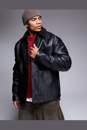 ASOS Chaqueta negra estilo worker extragrande de cuero sintético con forro de borreguito de