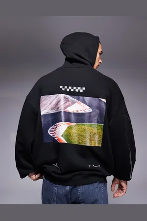 HUGO BOSS Sudadera negra extragrande con capucha y estampado de pista de carreras Doad de