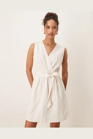 VILA Vestido corto color avena cruzado en la parte delantera con cinturón anudado de mezcla de lino de -Azul