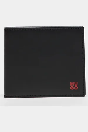 HUGO BOSS Cartera negra plegable con logo apilado de cuero Tibby de