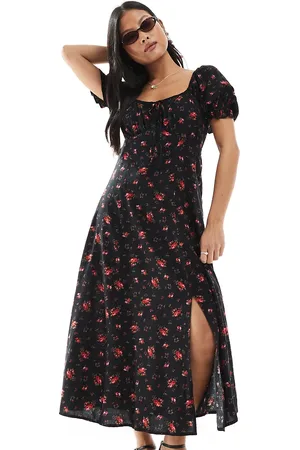 Miss Selfridge Vestido de tarde semilargo negro con estampado de rosas de fibras hiladas de -Multicolor