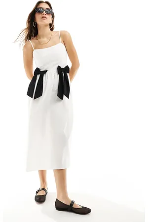 ASOS Vestido midi color con lazos en contraste de popelina de algodón de -Blanco
