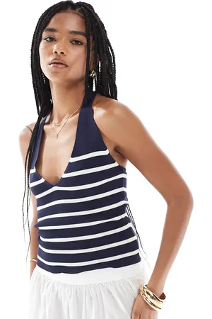 Pimkie Top azul marino a rayas blancas con cuello halter de pico de punto fino de -Multicolor