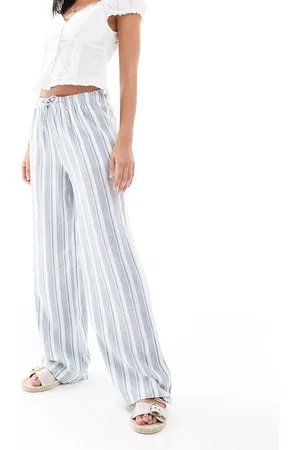 ONLY Pantalones a rayas azules sin cierres de mezcla de lino de