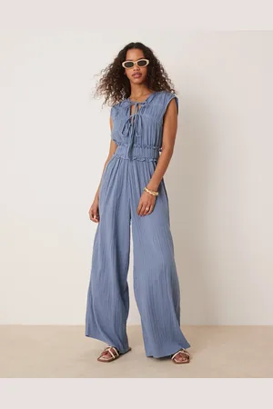 ASOS Mono largo azul denim con pecho fruncido de gasa doble de