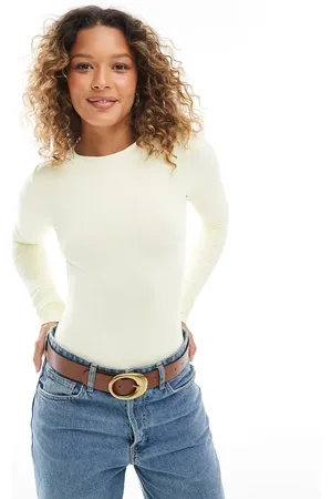Miss Selfridge Body amarillo crema con cuello redondo de tejido suave de -Neutro