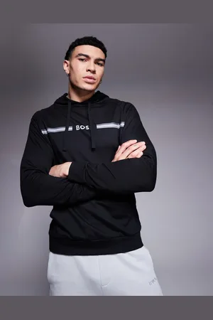 HUGO BOSS Sudadera negra de corte estándar con capucha, logo y detalle de raya Authentic de