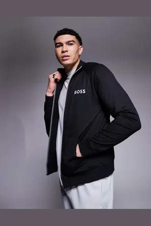 HUGO BOSS Chaqueta negra de corte estándar con cremallera de tejido de sudadera Authentic de