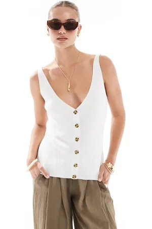 French Connection Camiseta blanca de tirantes con cuello de pico y botones de canalé de -Blanco