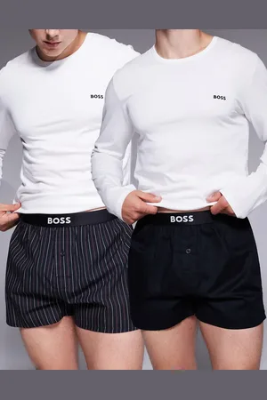HUGO BOSS Pack de 2 calzoncillos bóxer de color negro liso y a rayas moradas con cinturilla del logo de