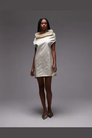 MANGO Vestido corto ostra con detalle fruncido en el cuello de satén premium de la colección cápsula de