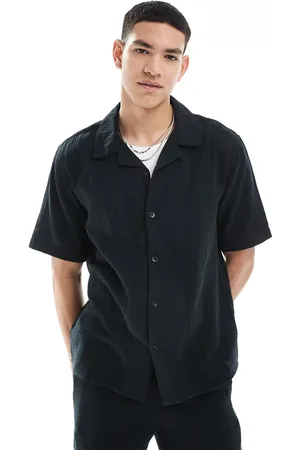 Only & Sons Camisa negra con cuello de solapas de bambula de (parte de un conjunto)-Negro