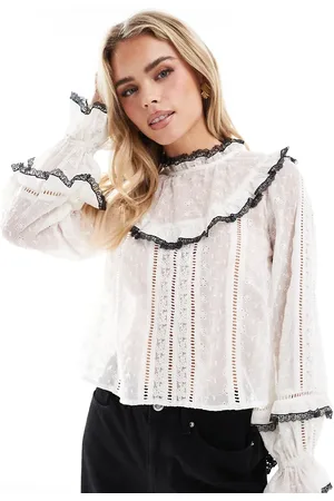 Miss Selfridge Blusa de estilo vintage con bordados y ribetes negros de chifón de -Blanco