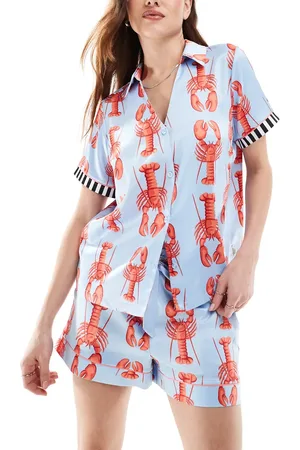 Chelsea Peers Pijama de camisa de manga corta con solapas y pantalones cortos con estampado de langostas de satén de