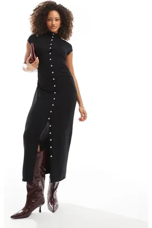 ASOS Vestido midi abotonado con mangas de casquillo de tejido muy suave de