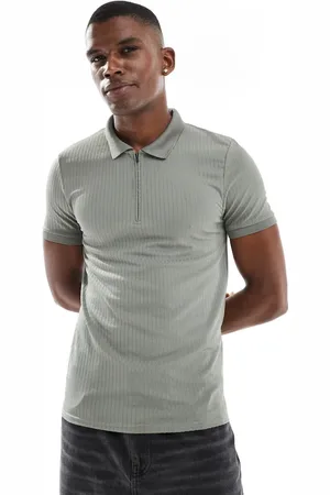 ASOS Polo caqui ajustado con cremallera de canalé de -Verde