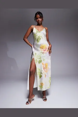 ASOS Vestido semilargo verde con estampado floral, cuello de pico, abertura y detalle de costuras de satén de