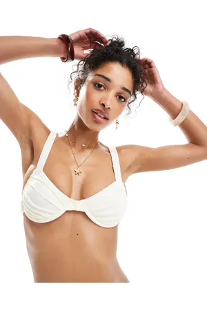 Miss Selfridge Top de bikini color con diseño fruncido de copas Mix & Match de -Blanco