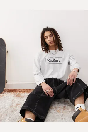 Kickers Camiseta gris claro jaspeado de manga larga con estampado gráfico azul marino de