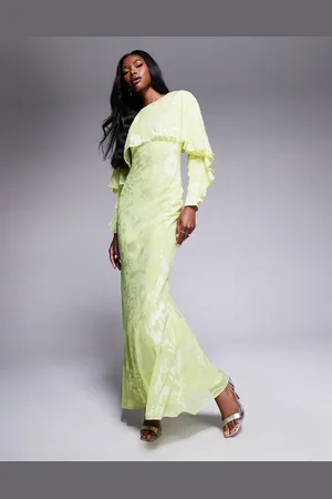 ASOS Vestido largo verde lima pálido de corte al bies y manga larga con diseño floral, volantes y detalle de capa de jacquard de