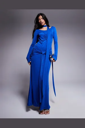 DASKA Vestido largo fruncido con lazada en el cuello y la cintura de